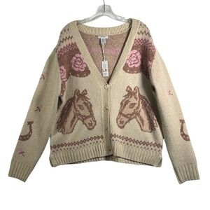 Haute Hippie Style Western Horse Rose Fair Isle Knit Button Front Cardigan XL
